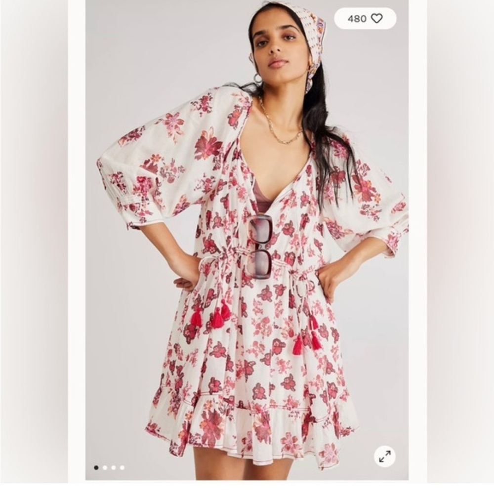 Free‎ People Floral Cemella Mini Dress - Cream and Red Small